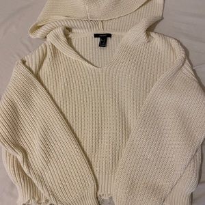Forever 21 White Distressed Crop Sweater-Hoodie